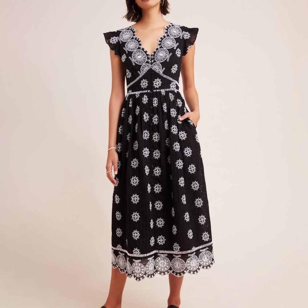 Anthropologie Black Midi Dress with White Lace Embroidery